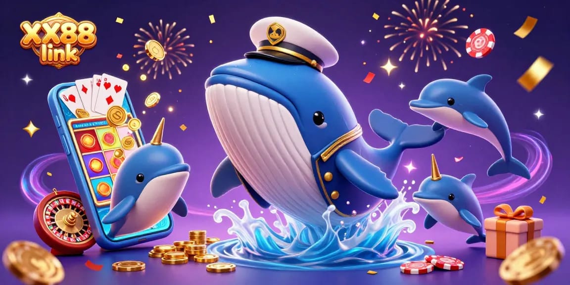 Experience the exciting XX88 link with a vibrant 3D illustration of a whale captain, engaging dolphins, and dynamic casino elements.