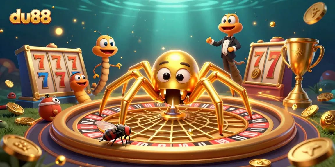 Meet the thrill of du88, a golden spider spins a roulette web, creating excitement in this casino-themed scene.