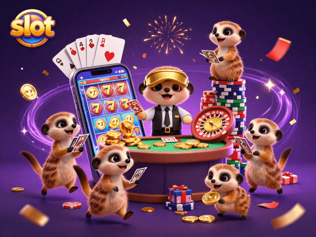 Engaging meerkats orchestrate a lively slot casino, showcasing vibrant games and exciting action.