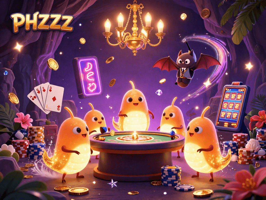 Join the action at PHZZZ Casino with glowworms lighting the game tables and vibrant gaming elements.