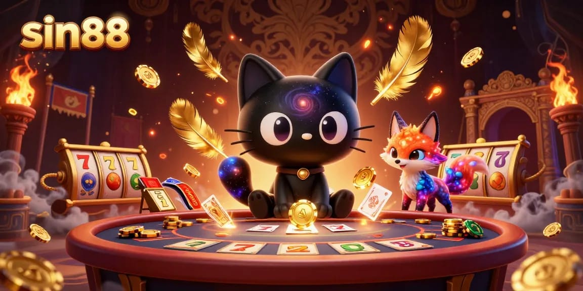 Engaging sin88 gaming scene with a cosmic theme featuring a black hole cat pulling in golden chips