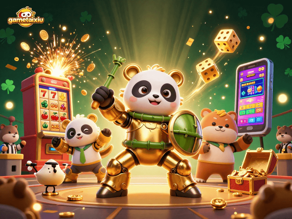 Experience gametaixiu excitement with our 3D panda mech battling in a vibrant online casino atmosphere.