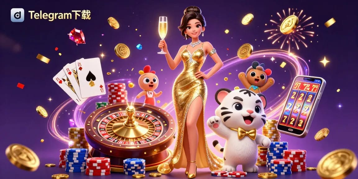 体验与Telegram下载的兴奋，一位迷人的女性在充满活力的赌场元素中举杯庆祝。