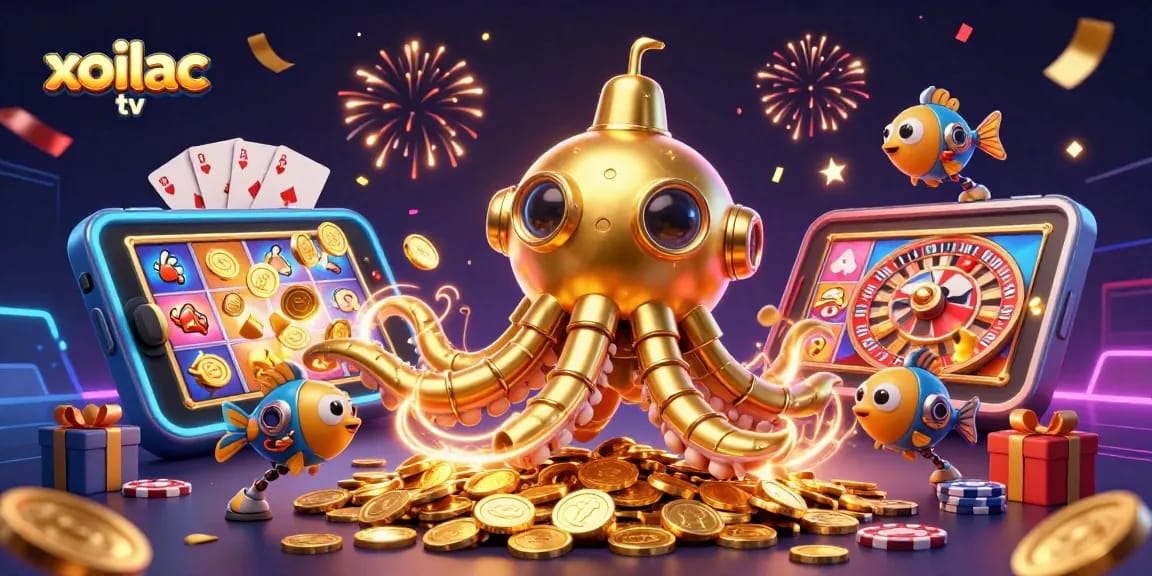 xoilac tv unleashes excitement with a golden kraken submarine amidst a sea of coins