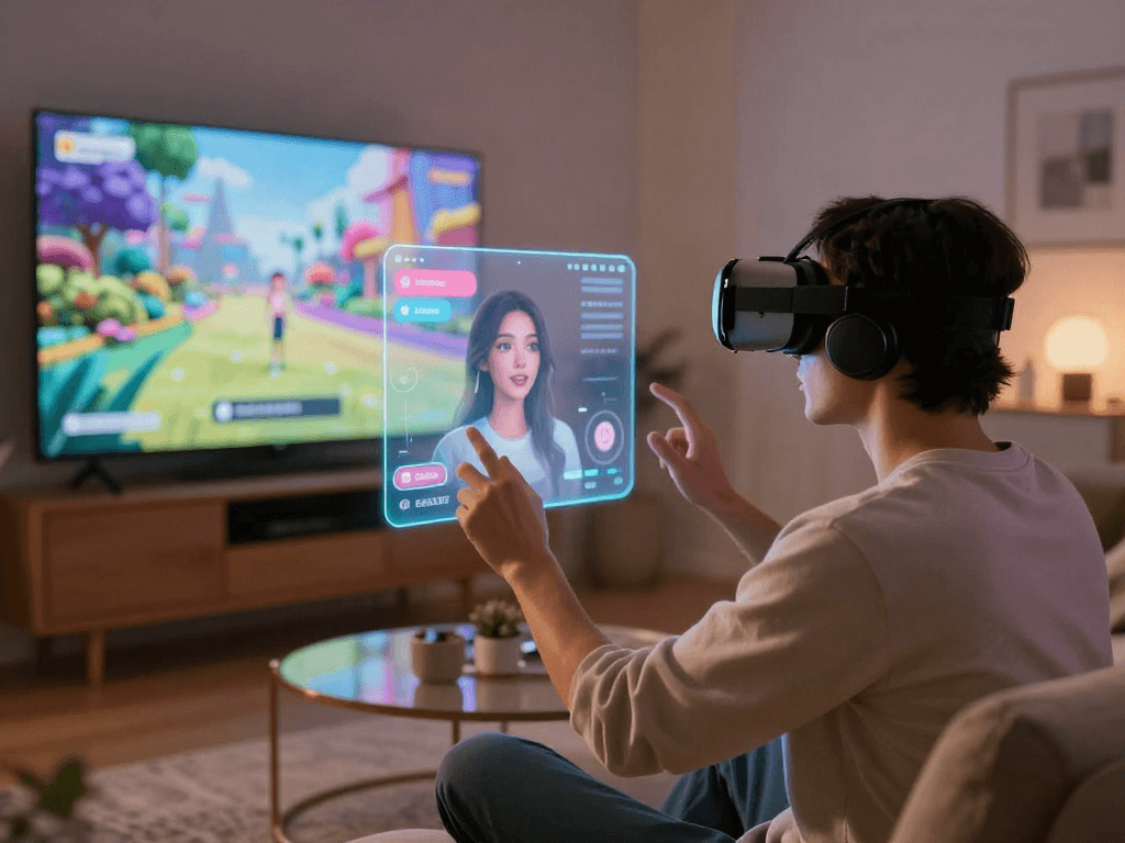AI sex interaction scene with user enjoying virtual experience and customizable avatars in cozy tech environment.