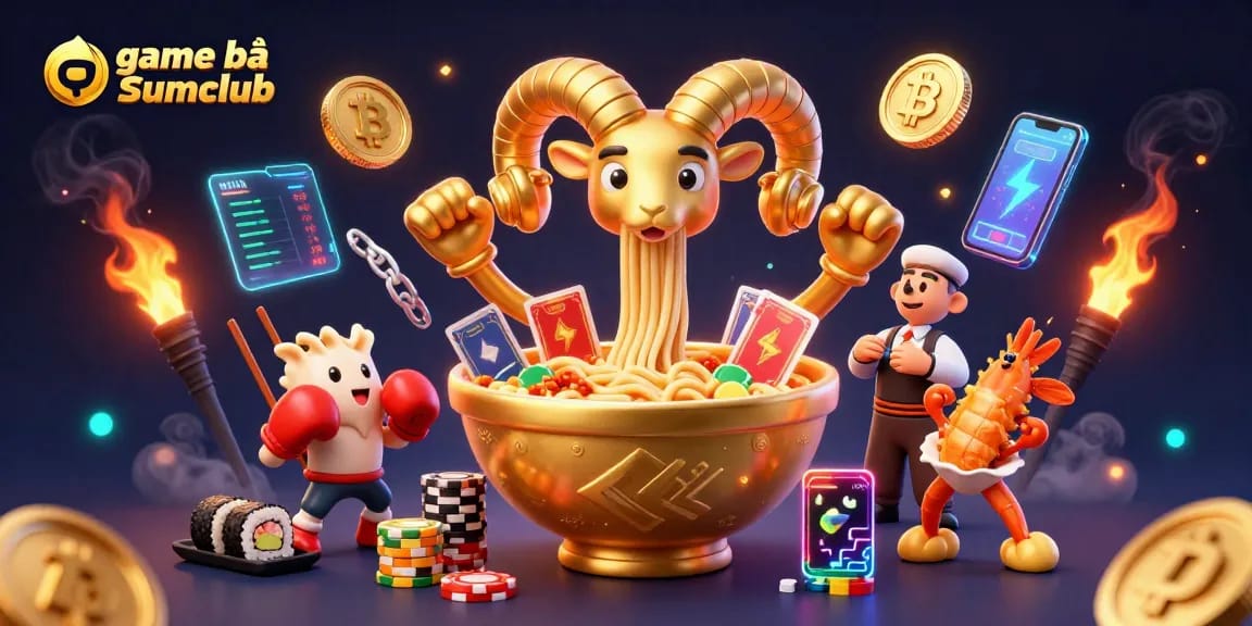 Engage with thrilling game bài Sumclub in a vibrant 3D casino scene featuring colorful characters and crypto elements.