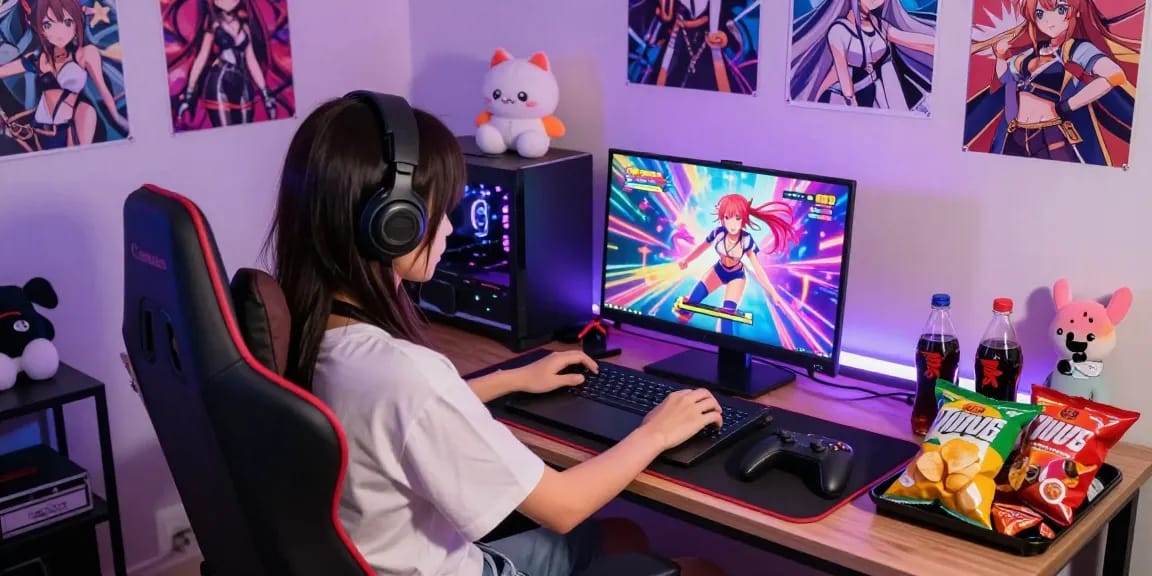 Engaging scene of a femboy character gaming with femboy hentai games, colorful room filled with anime decorations.