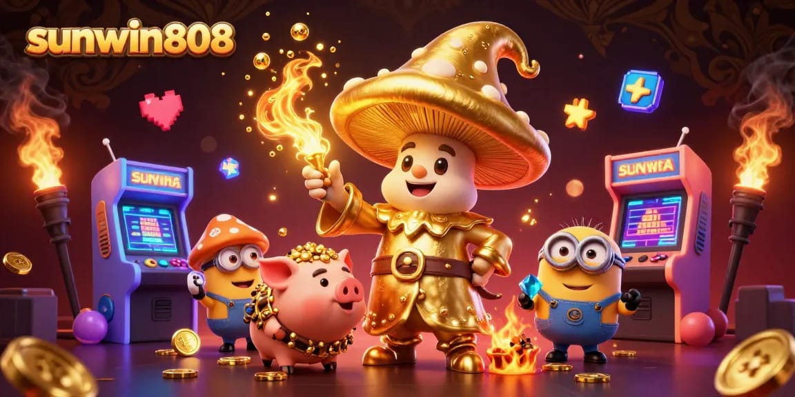 Experience exciting gaming magic with sunwin808, featuring a whimsical casino scene and gold treasure hunting.