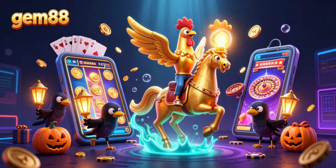 Join the gaming action with gem88's vibrant casino scene featuring dynamic slot games and mystical characters.