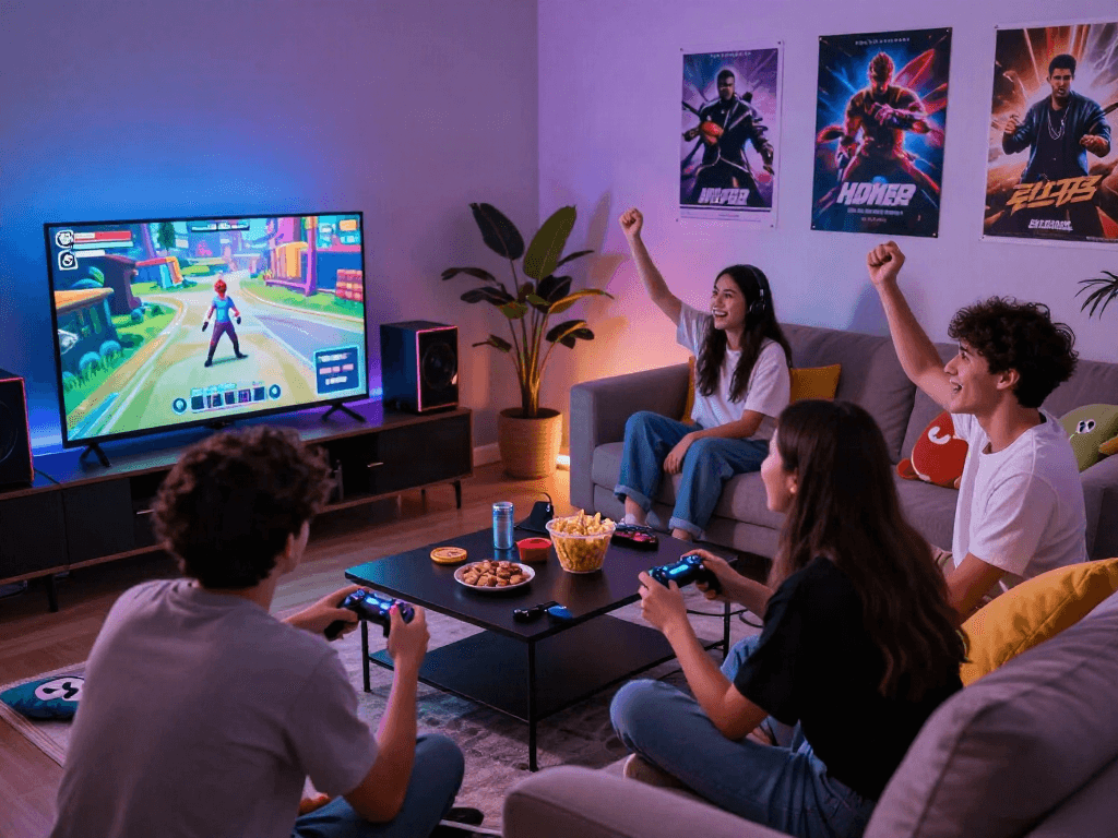 Young adults enjoying an interactive adult game session in a vibrant living room.