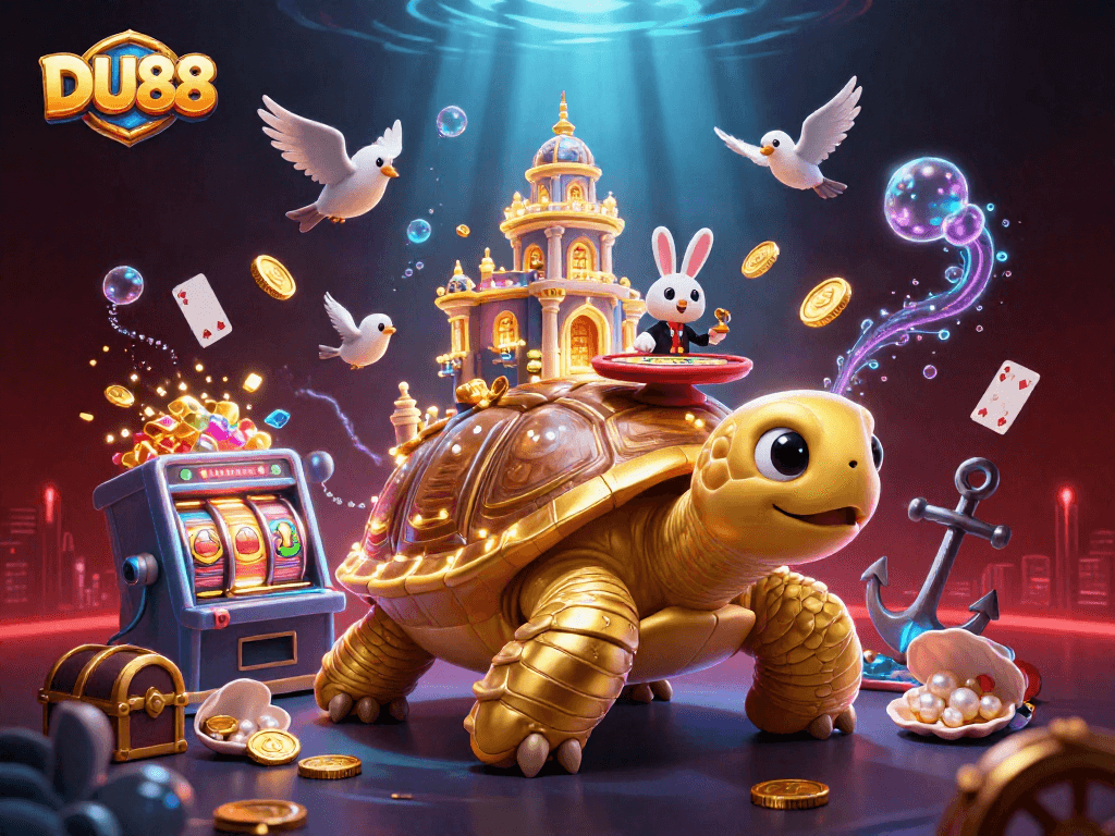 Experience the excitement of DU88 casino gaming with vibrant visuals of a golden tortoise and card dealer.