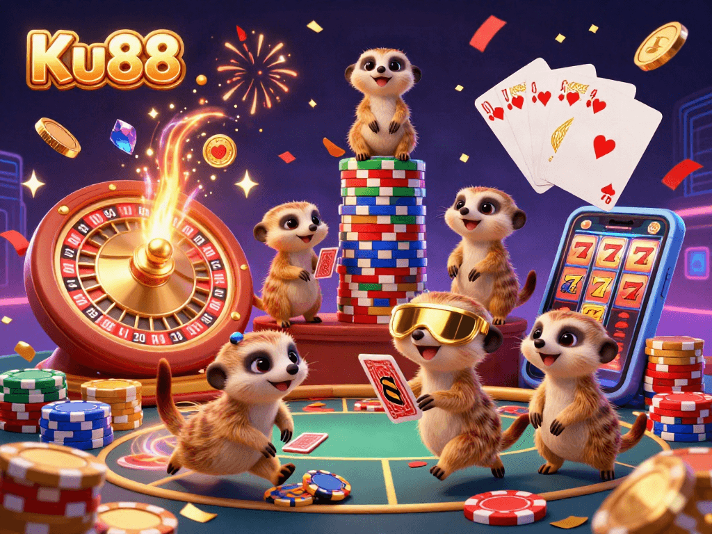 Experience thrilling gameplay at Ku88 with a vibrant meerkat casino scene full of excitement and energy.
