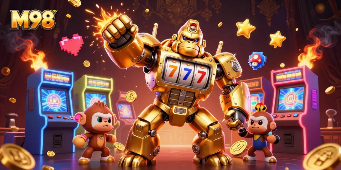 M98 engages players with a vibrant 3D golden gorilla mech and colorful gaming elements.