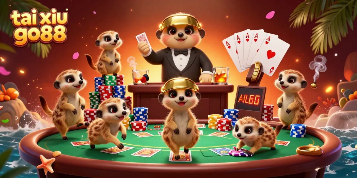 Experience the vibrant action of tai xiu go88 with playful meerkats in a colorful casino setting.