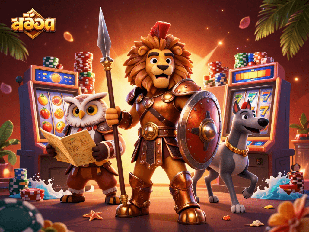 Spin the reels for exciting สล็อต adventures with a Spartan lion leading the charge in this vibrant casino scene.