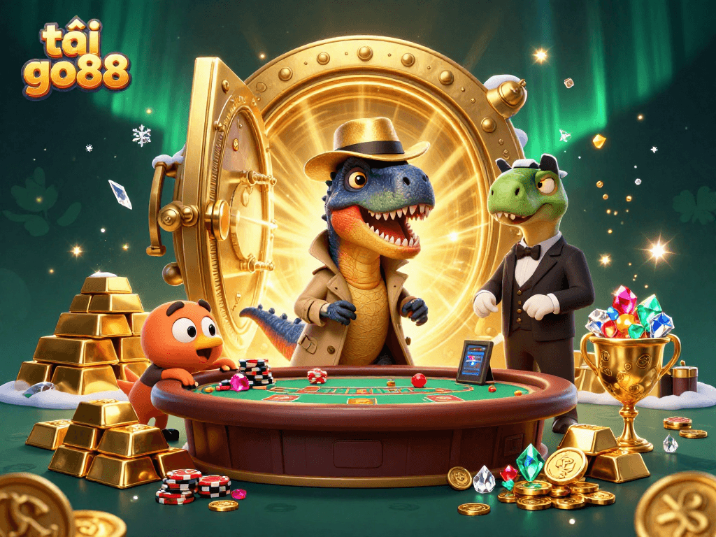 Experience the thrill of tải go88 with a colorful scene featuring a velociraptor at the blackjack table.
