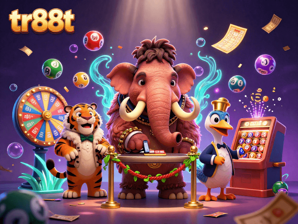 Experience excitement with tr88t's casino bouncer, colorful lottery elements, and VIP guests awaiting fun!