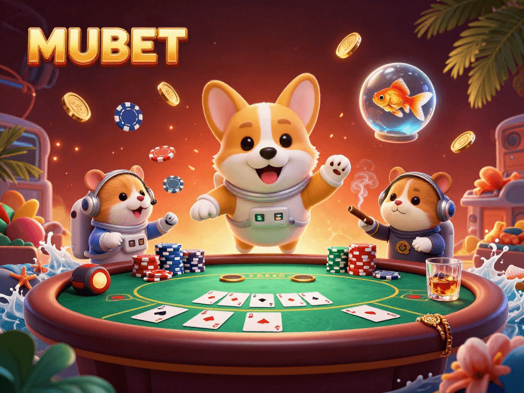 MUBET gaming excitement with a 3D cartoon astronaut corgi amidst a floating casino adventure.