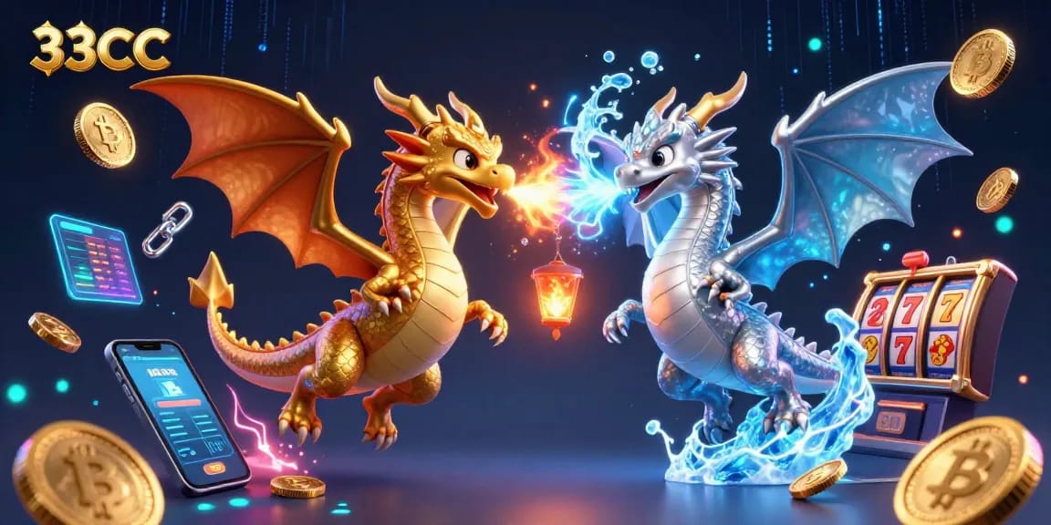 Win big at 33CC with an inviting illustration of gold and silver dragons amongst casino elements.