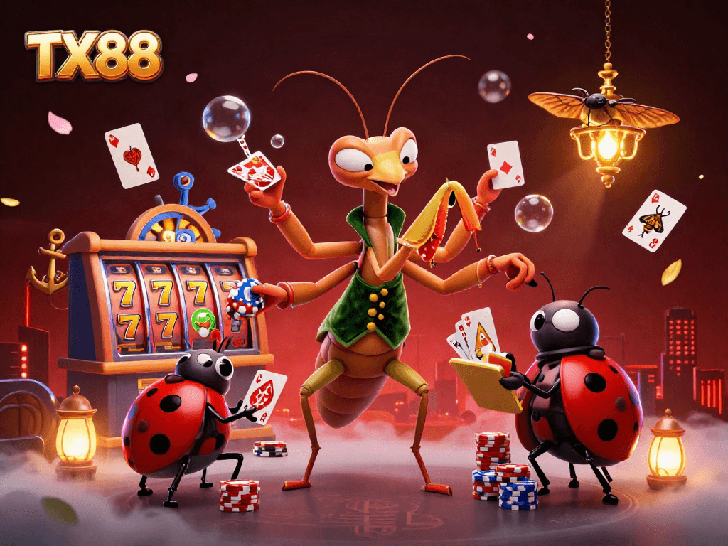 TX88 casino-themed illustration showcasing a giant mantis card sharp and ladybug pit boss amid joyous slot gaming.