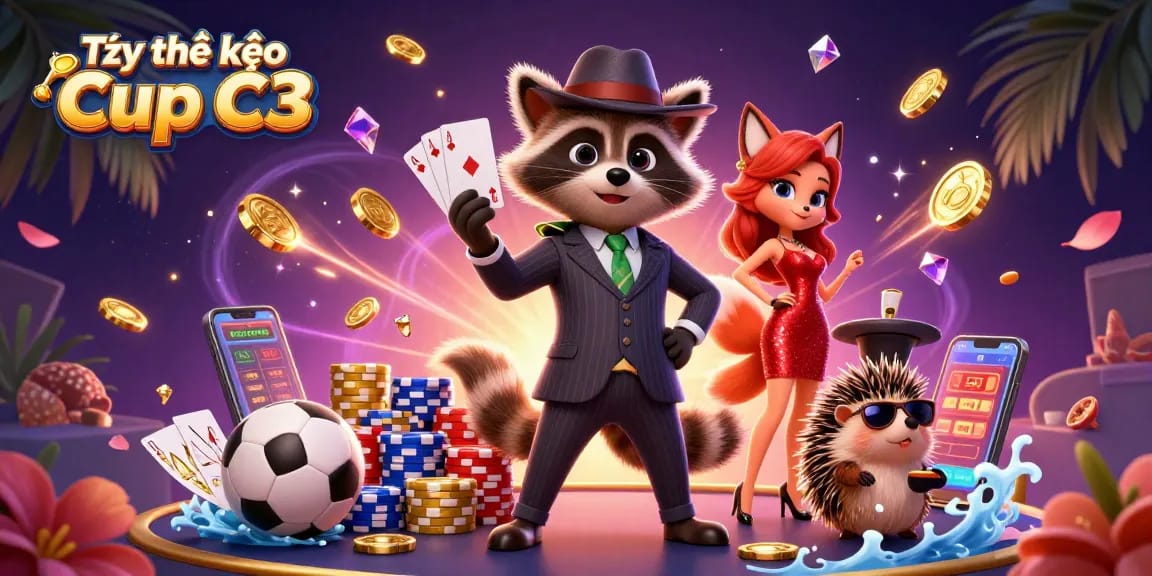 Tỷ lệ kèo Cup C3 illustrated with exciting characters betting on sports, showcasing dynamic casino elements and action.
