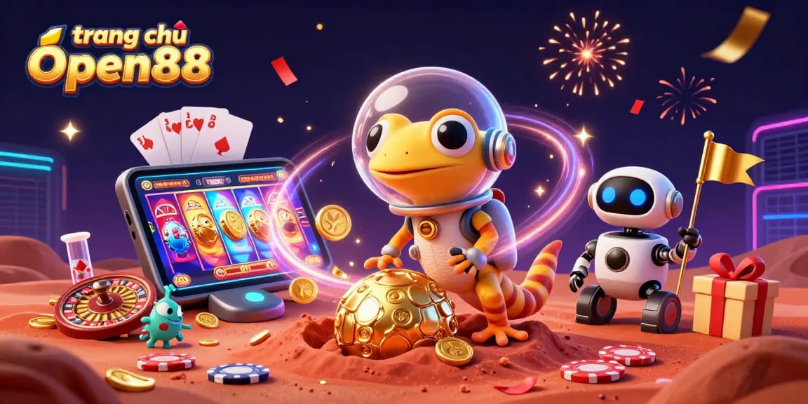 Engage with the thrilling universe of slots at trang chủ Open88 featuring a colorful casino scene on Mars.