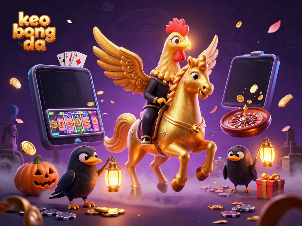 Engage in thrilling keo bong da action with a golden rooster and lantern-carrying crows in a vibrant casino.