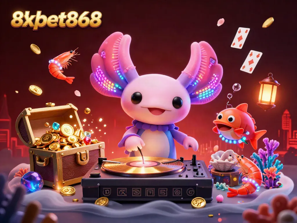 Engage in the vibrant world of 8xbet868 with a neon-themed underwater casino scene filled with lively characters and gambling elements.
