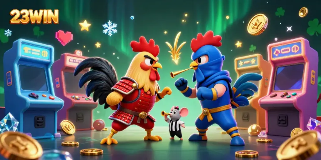 Experience the thrill of 23WIN with dynamic fighters and vibrant gaming elements in one exciting scene.