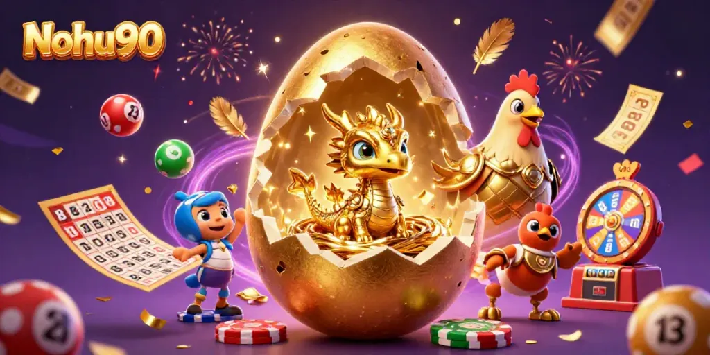 Nohu90 brings excitement with a golden dragon and poker chips amidst colorful lottery elements.