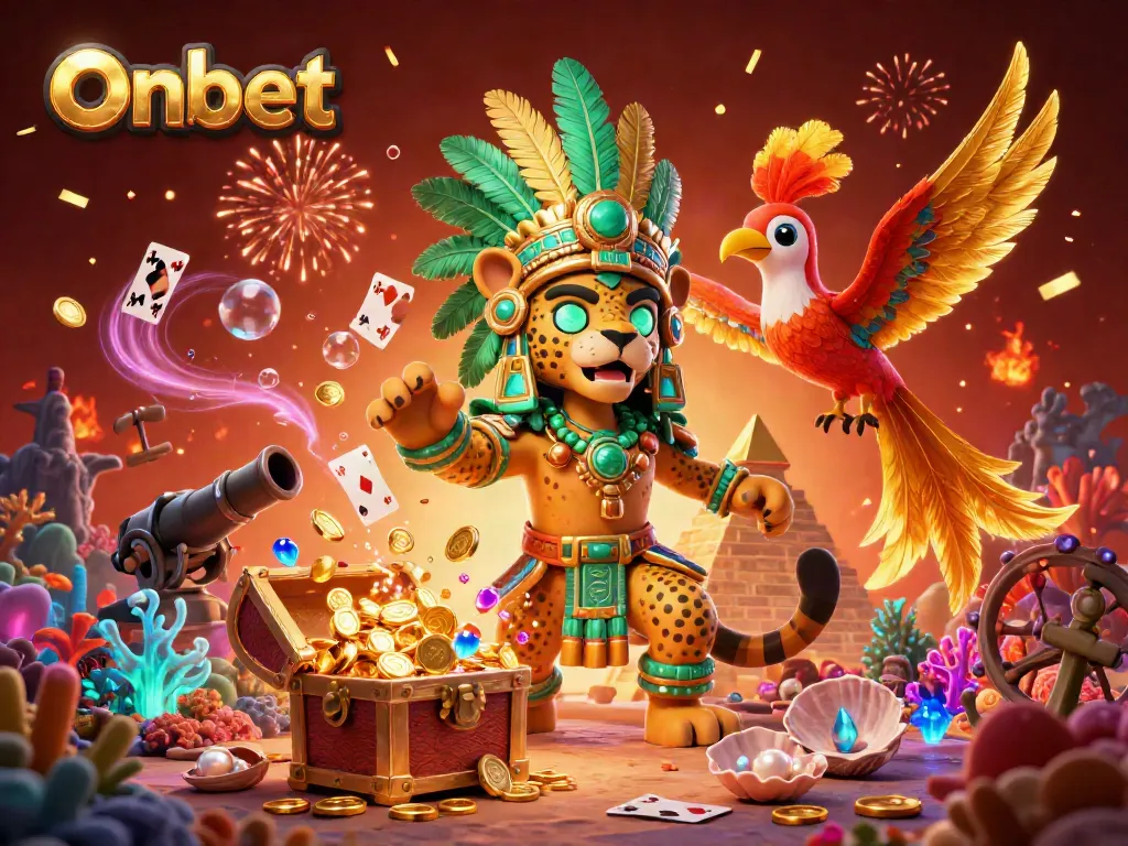 Experience thrilling gaming action with Onbet's vibrant casino scene featuring a jaguar priest and treasure.
