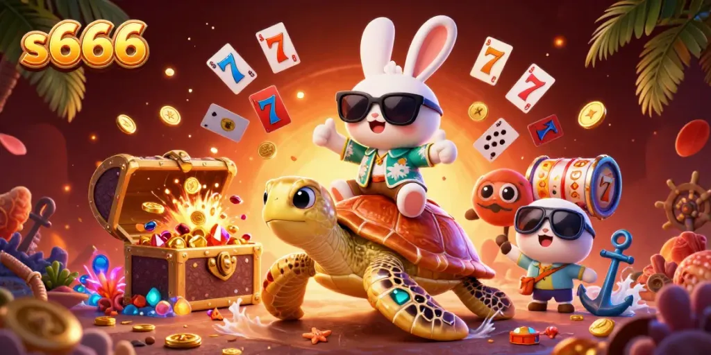 Spin and win with s666 in a vibrant, playful casino setting featuring lucky symbols and gold coins.