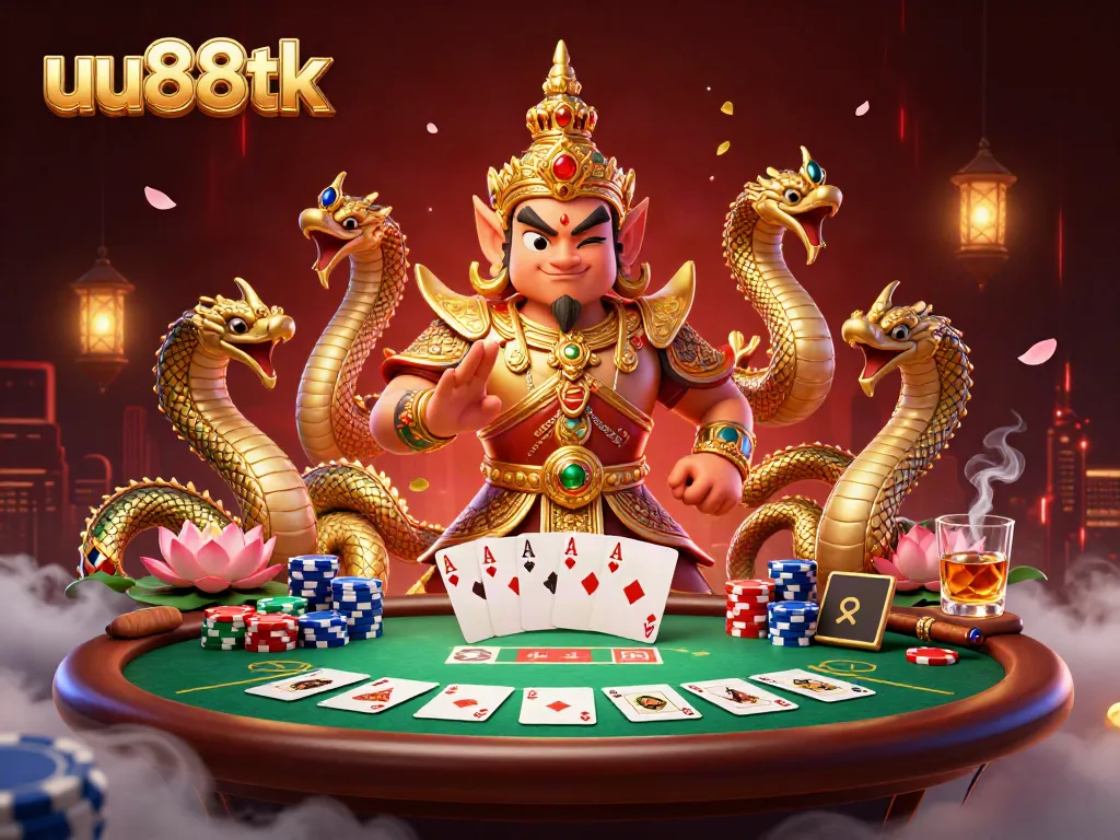 Experience thrilling moments with the uu88tk, showcasing a dynamic poker scene featuring ornate characters and casino elements.