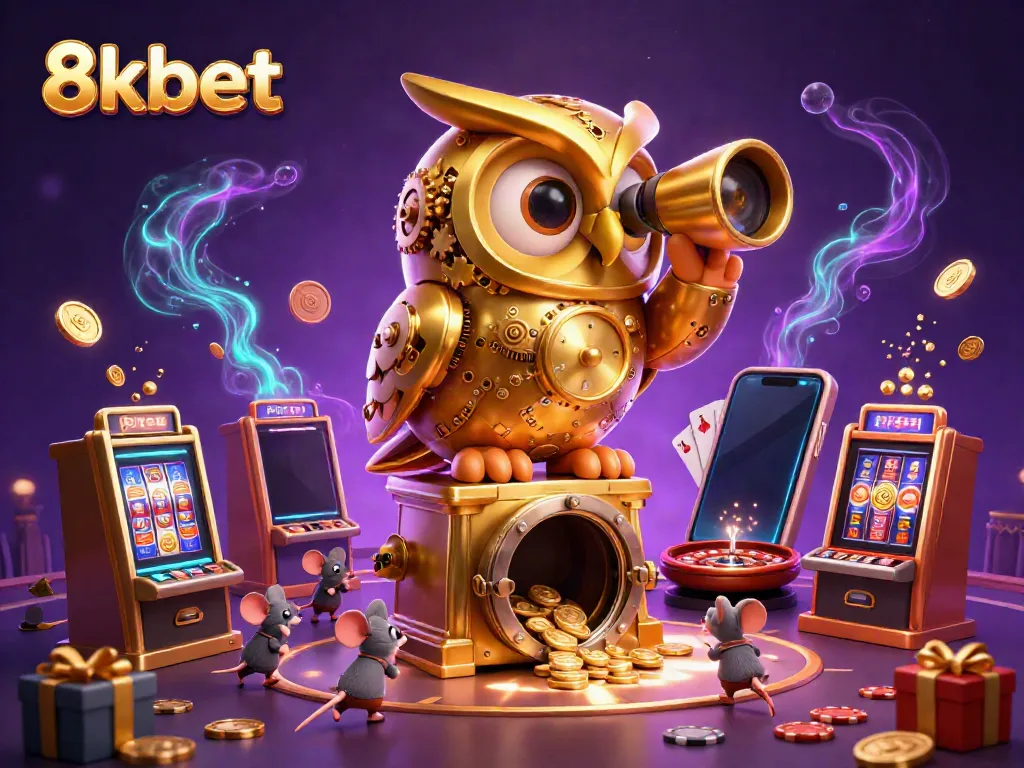 Engage with the vibrant world of 8kbet, featuring a dynamic casino scene with a golden owl and whimsical elements.
