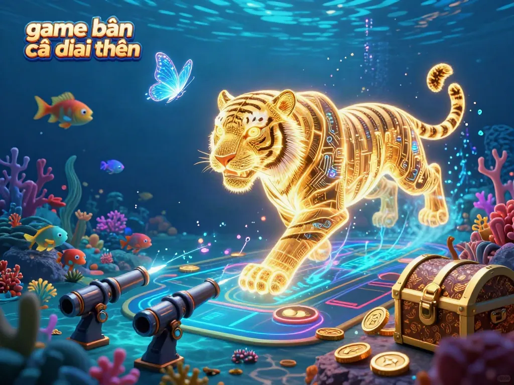 Engage in game bắn cá đổi thưởng with colorful fish and vibrant neon elements immersing players in an underwater casino.