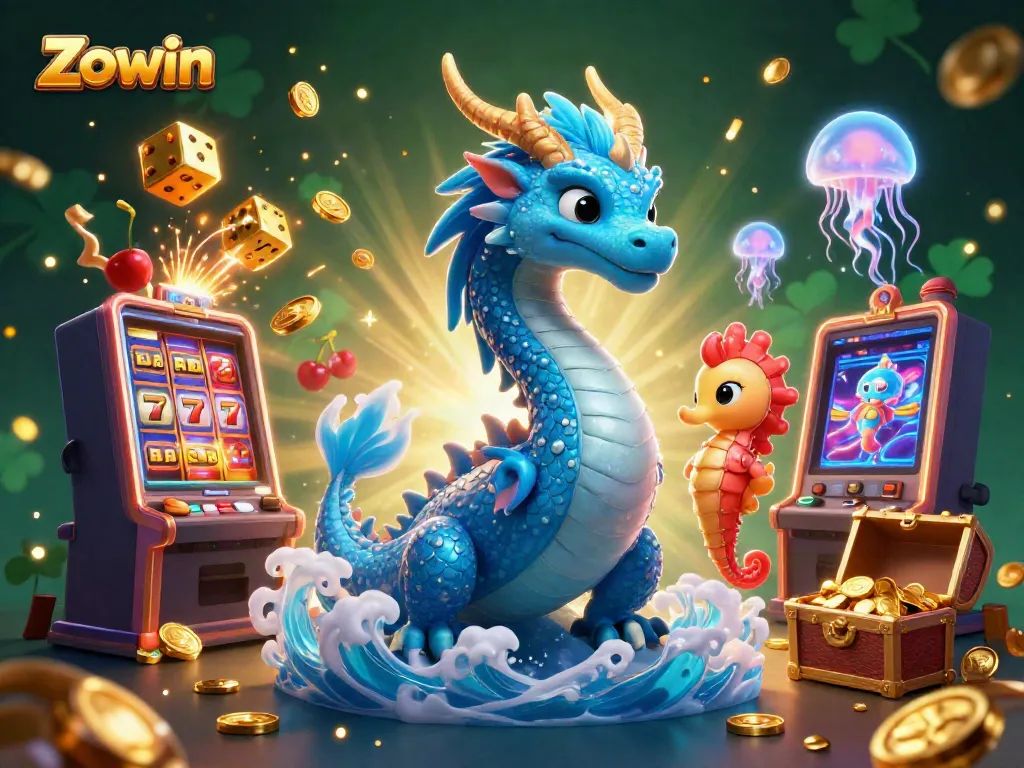 Zowin showcases a thrilling casino adventure with a dragon and vibrant slot machine.