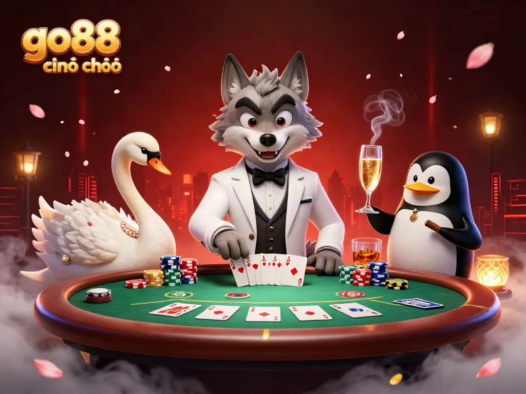Go88 chính chủ casino illustration with a debonair wolf at the baccarat table, showcasing lively game elements