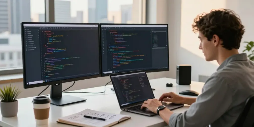 Engineer coding with instant indexing tools in a modern workspace.
