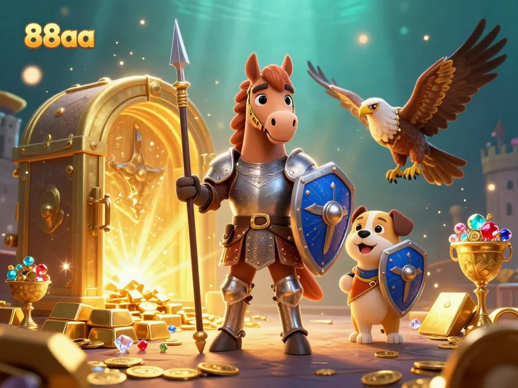 Experience thrilling wins with 88aa in a vibrant, dynamic casino illustration featuring knights and treasures.