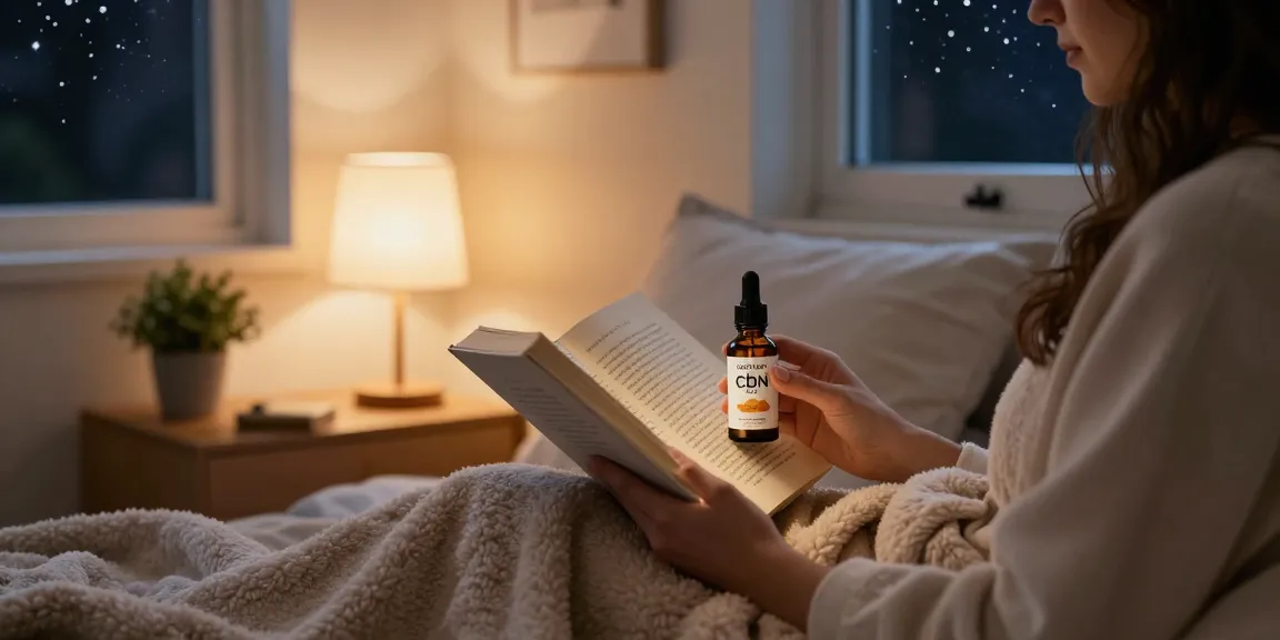 Natural sleep routine featuring CBD North's cbn oil, cozy bedroom atmosphere, peaceful ambiance.