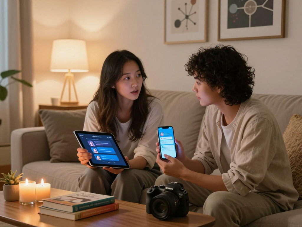 Couple discussing ai sex in a cozy modern living room with smart devices.