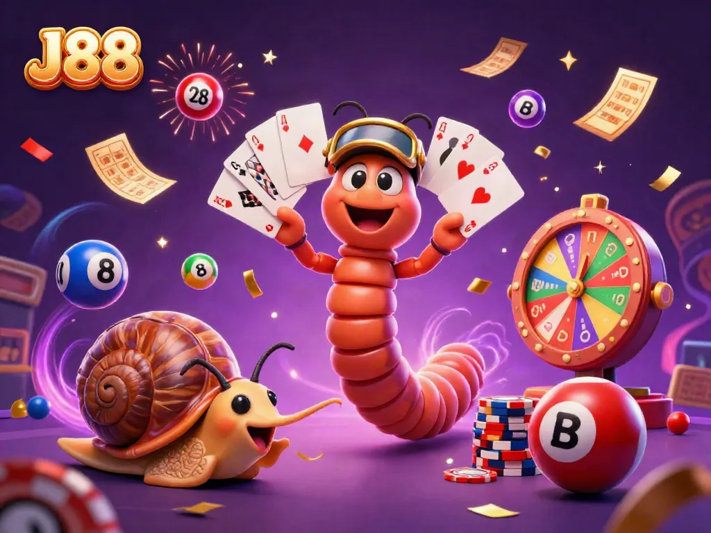 Engage with J88's vibrant casino atmosphere featuring a cartoon millipede dealer and a chip-stacking snail.