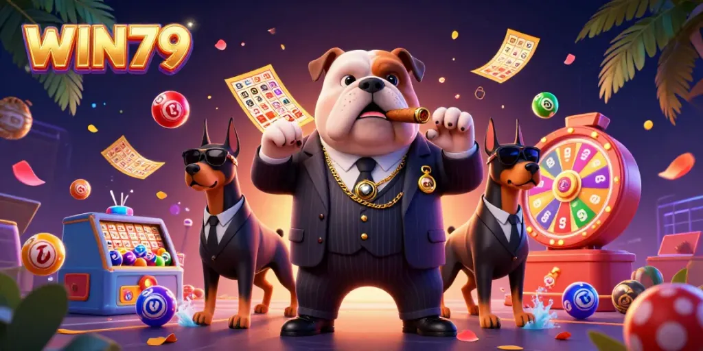 WIN79 attracts players with a thrilling 3D illustration featuring a mafia bulldog and lottery elements