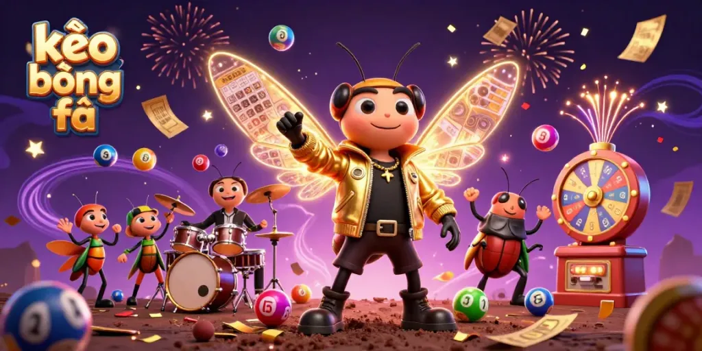 Experience the thrill of kèo bóng đá with an energetic rock star cicada in a vibrant casino scene.