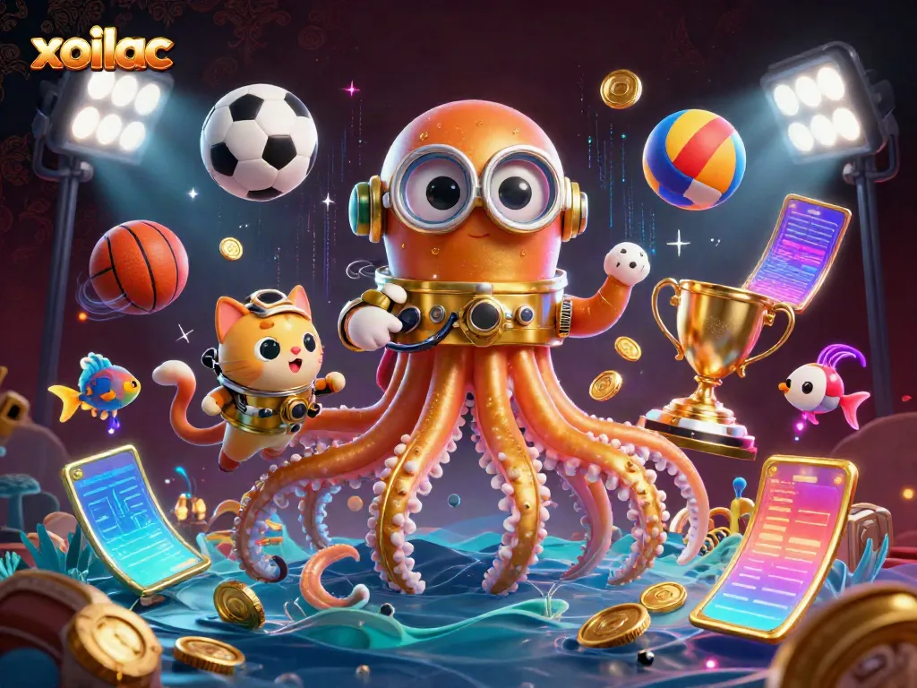 Experience thrilling sports action with xoilac, featuring a dynamic kraken and a diving cat amidst vibrant sports elements.