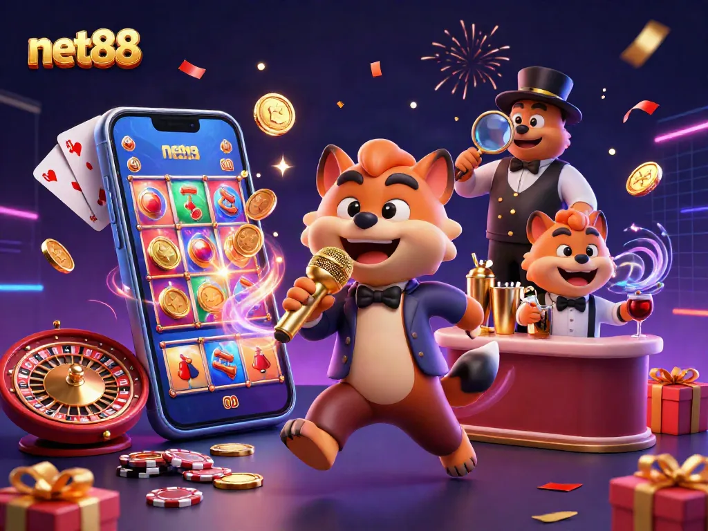 Experience the excitement of net88 with a lively 3D casino scene featuring hyenas in a comedy club.