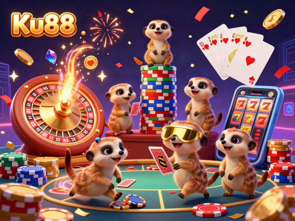 Experience thrilling gameplay at Ku88 with a vibrant meerkat casino scene full of excitement and energy.