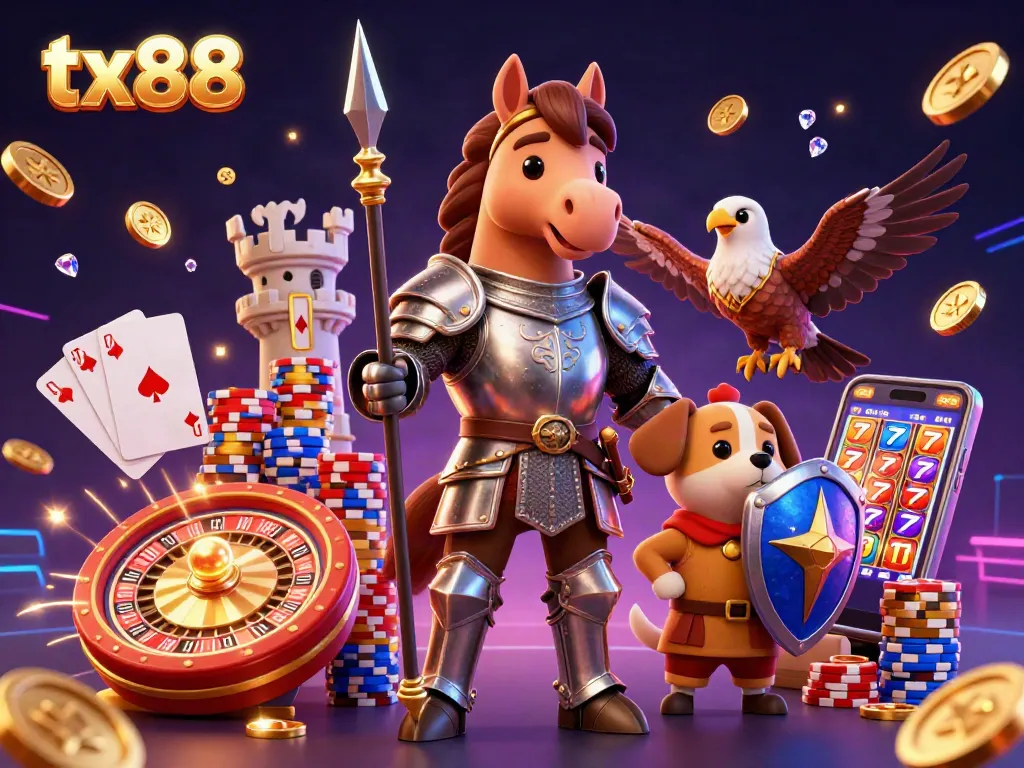 Experience unparalleled excitement at tx88 with a knight, squire, and falcon in a vibrant casino scene.
