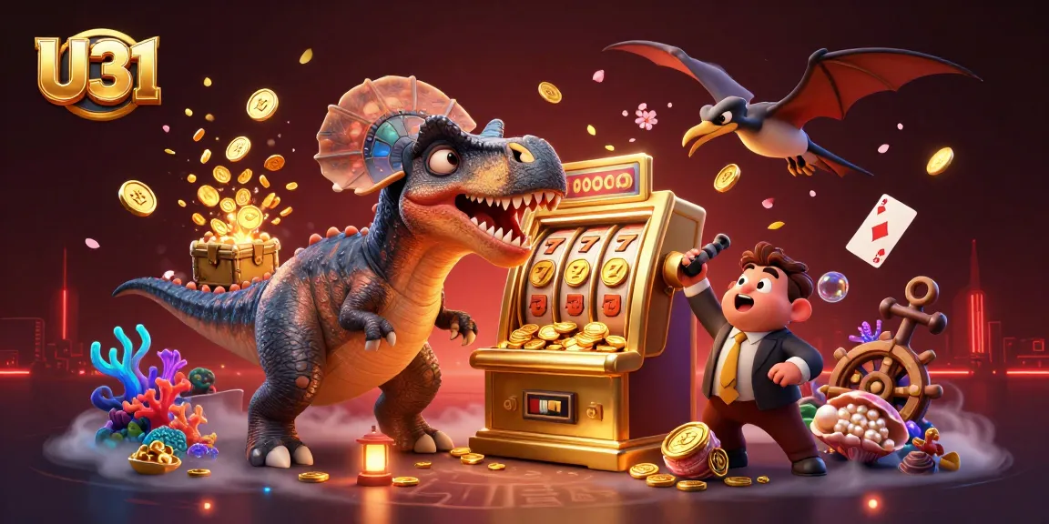 Experience the thrill of U31 with a pachycephalosaurus winning jackpot coins at a golden slot machine!