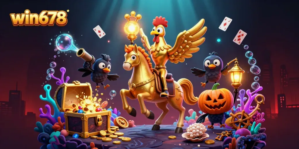 Experience win678's thrilling midnight casino with a golden rooster and vibrant characters lighting the scene.